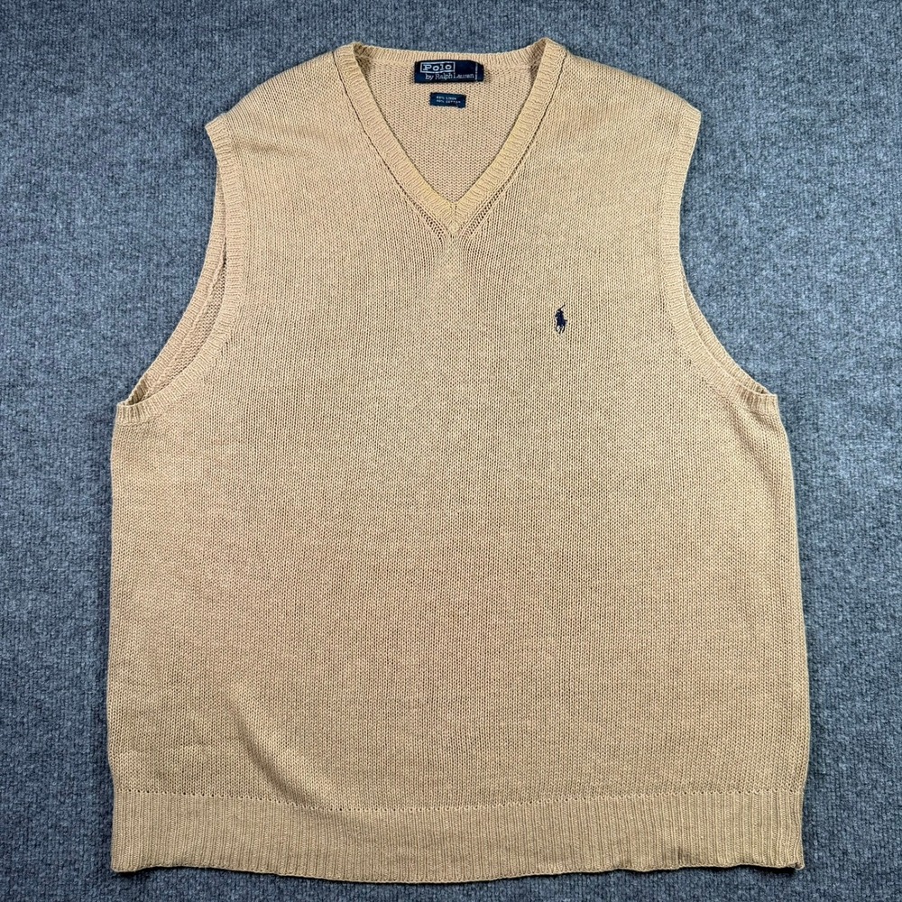 Polo Ralph Lauren Sweater Vest Mens L Tan Beige Linen Cotton V-Neck Knit Pony